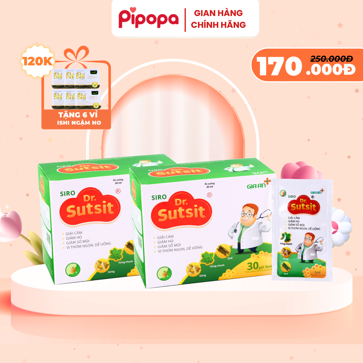 [TẶNG QUÀ] Combo 2 Hộp Siro Ho DR. SUTSIT Giảm Cảm, Giảm Ho, Giảm Sổ Mũi Cho Bé Từ 0+ Hộp 30 Gói Tặng Kèm 6 Vỉ Ngậm Ho Ishi Green 